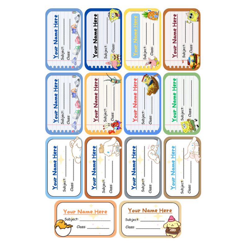 

(isi 14 pcs) uk kecil sticker label buku sekolah pelajaran anak spongebob pokemon mario cinamonroll perempuan / laki