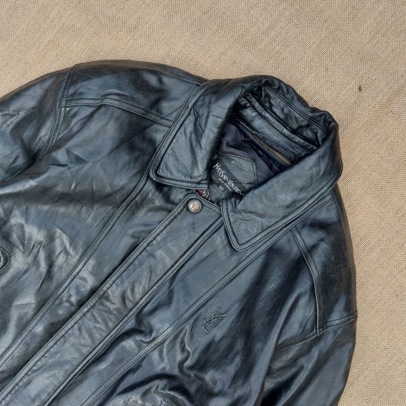 YSL  Vintage Leather Jacket Classic Luxury Retro Rugged Style Jaket Kulit Bomber Pilot