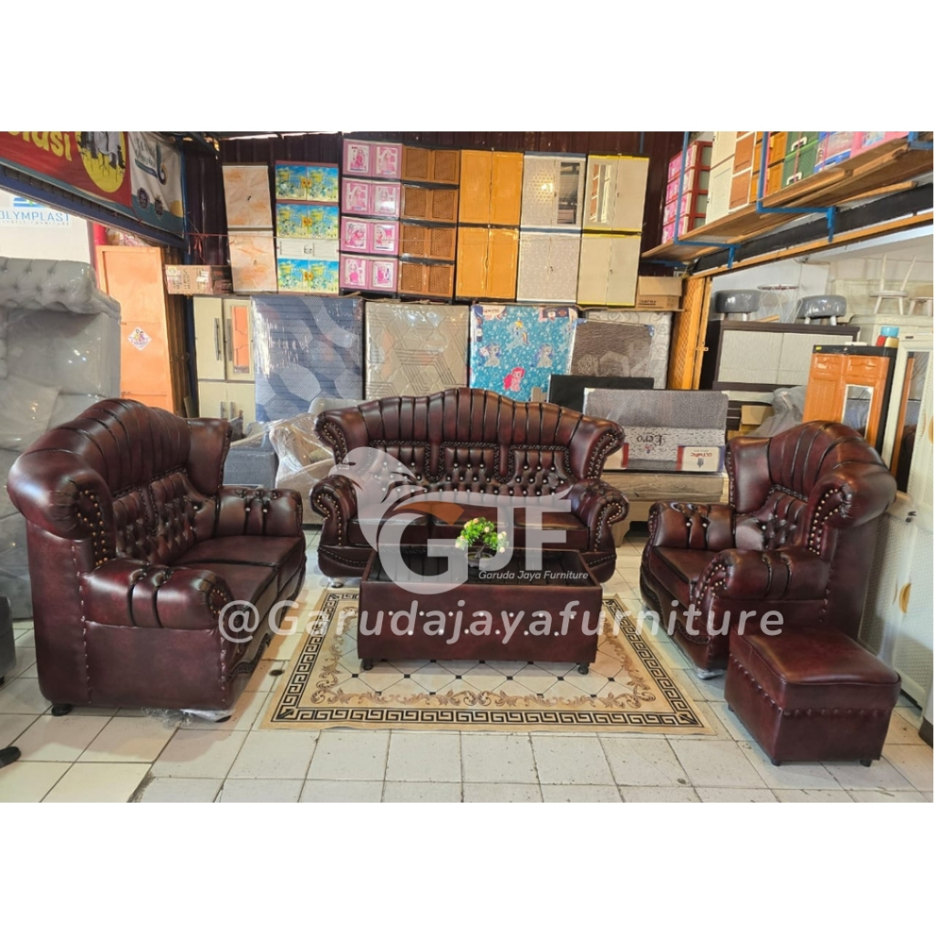 SOFA TAMU JAGUAR JUMBO KULIT DUDUKAN 321 + 1 STOOL UKURAN BESAR WARNA COKELAT MAROON/KURSI DAN MEJA 