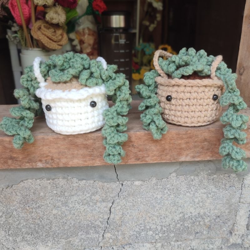 Pot Gantung Kribo Rajut / Rajut Tanaman Pot Kribo/ gantungan spion mobil rajut tanaman kribo