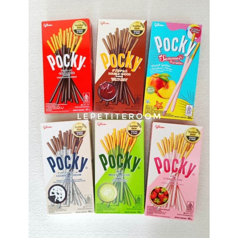 

POCKY / SNACK POCKY / GLICO POCKY / POCKY COKLAT / POCKY STRAWBERRY / POCKY MATCHA / POCKY COOKIES AND CREAM / POCKY DOUBLE CHOCO / POCKY SUMMER PARADISE