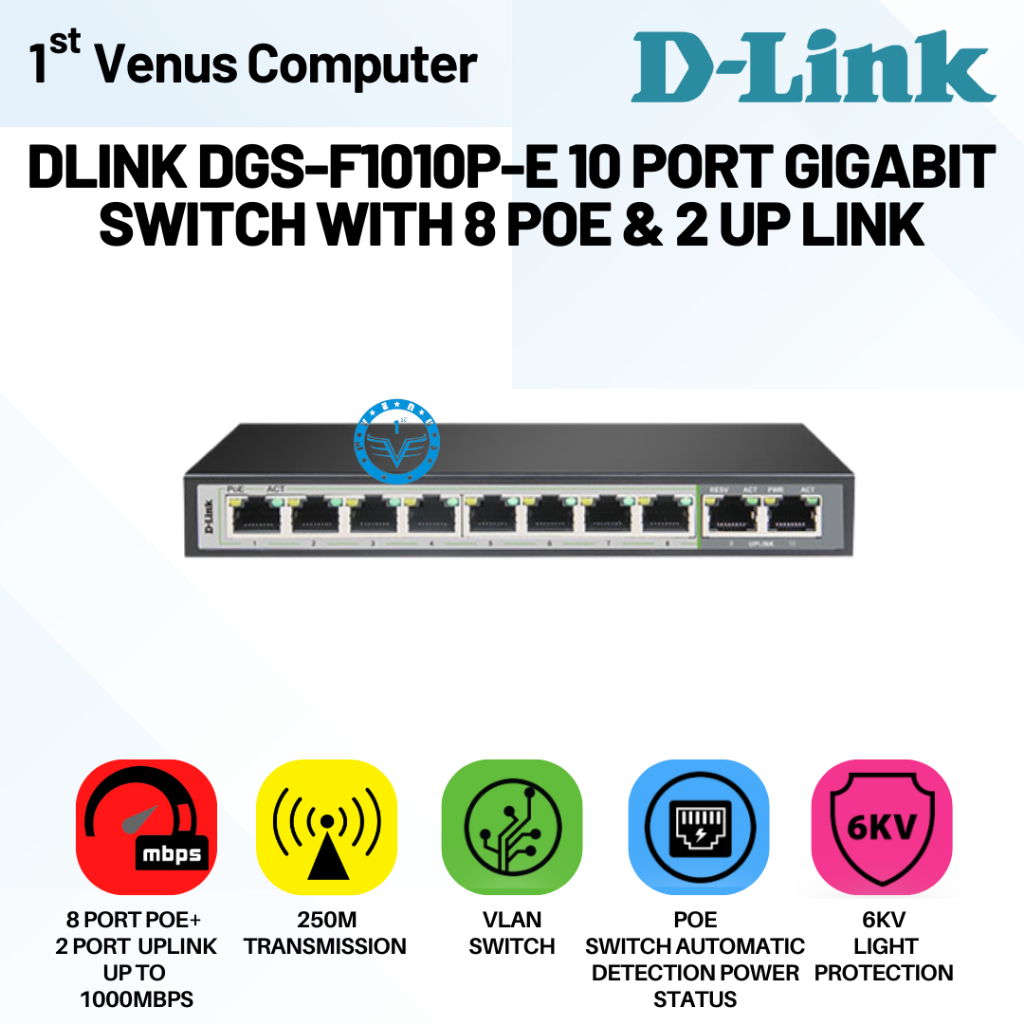 D-LINK DGS-F1010P-E 10-Port 1000Mbps Switch 8 PoE Ports and 2 Uplink /  NET06-DL