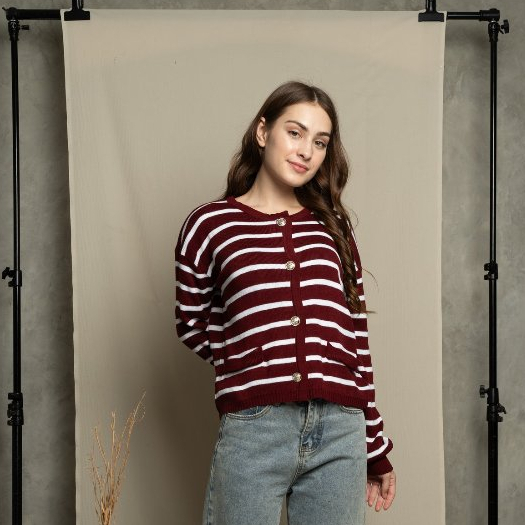 Cardigan Rajut Wanita Belang Garis Blaster Kancing - Cheesy Knit Cardy Stripes -  Kardigan Lalisa
