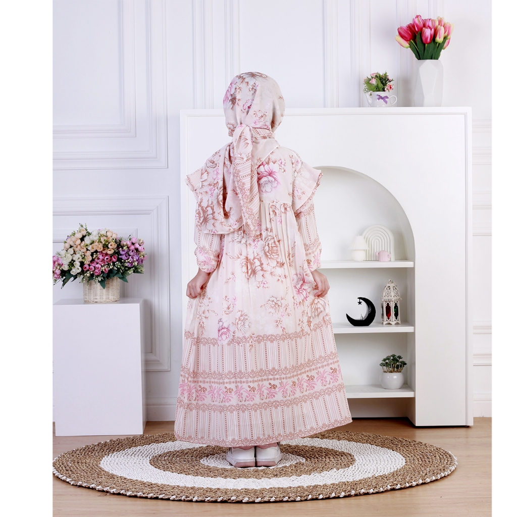 PREMIUM Dungdungkids Gamis Anak Vanesha Ceruty Motif Bunga Plisket Free Jilbab Segi Empat 5 - 11