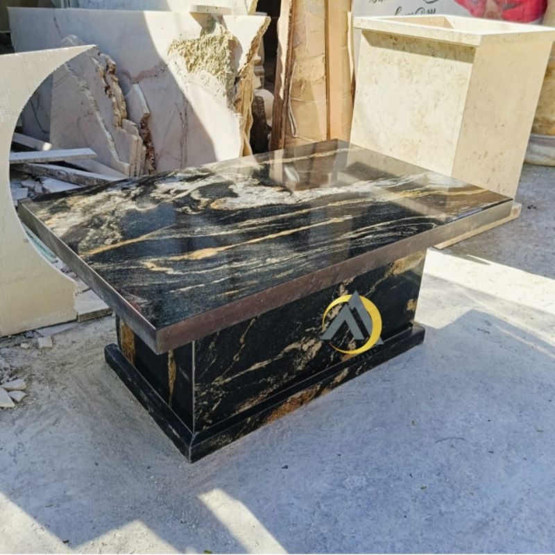 Meja lesehan minimalis kaki kotak kubus bahan batu granit hitam motif import