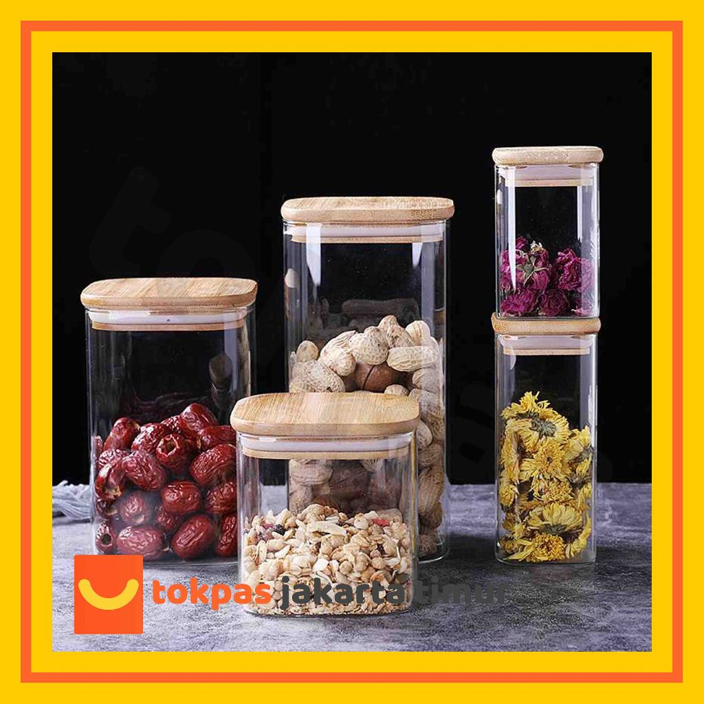 Toples Lebaran Toples Kaca Persegi Polos Tutup Kayu Mini Kedap Udara My Home Small