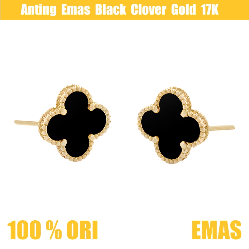 Sema & Arpel - Anting Wanita, Anting Semanggi Onyx Hitam Emas 17K, Anting Tindik