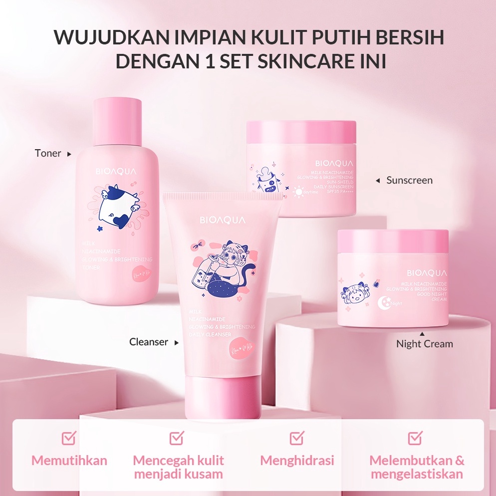 BIOAQUA 4pcs Skincare Paket Niacinamide Glowing  Brightening  Tea Tree Oligopeptide Acne Set With Cl
