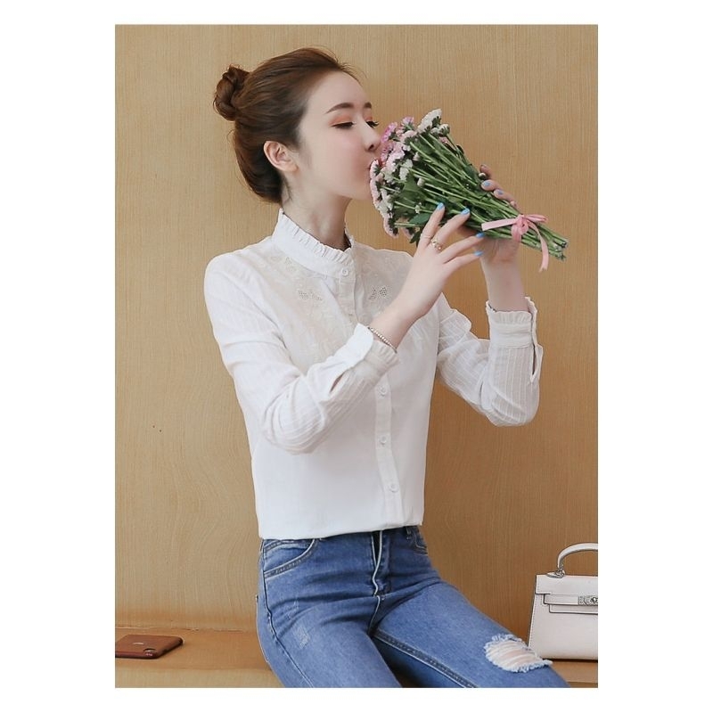 blouse wanita warna putih model cantik korea lengan panjang elegant