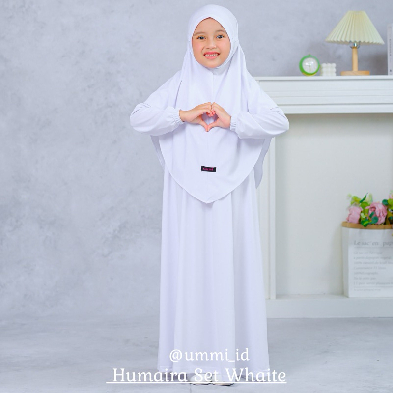 Ummi - Baju Gamis Jersi Humaira Set Putih Kerudung Syari Usia 3 sampai 11 Tahun