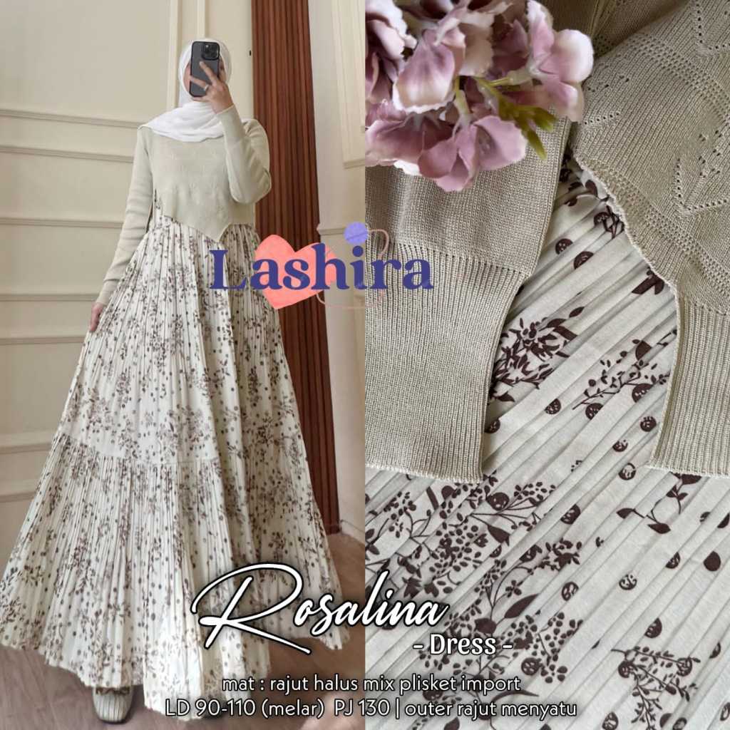 Ros baju gamis midi dress wanita muslim rajut knit plisket motif jumbo import premium terbaru 2024