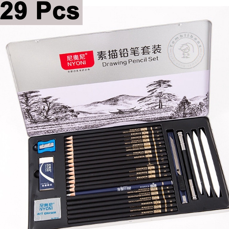 

KODE A8X6 29pcsSet Lukis Sketsa Lengkap Paket Drawing Pencil Gambar Metal Tin Box Pensil Gambar