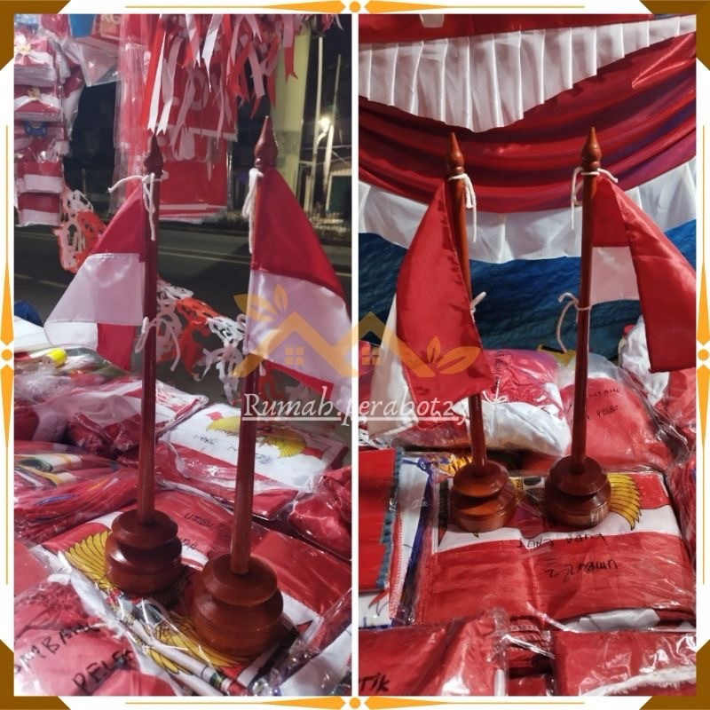 Bendera Meja + Tiang Kayu Bendera Meja Guru Kantor Bendera Merah Putih
