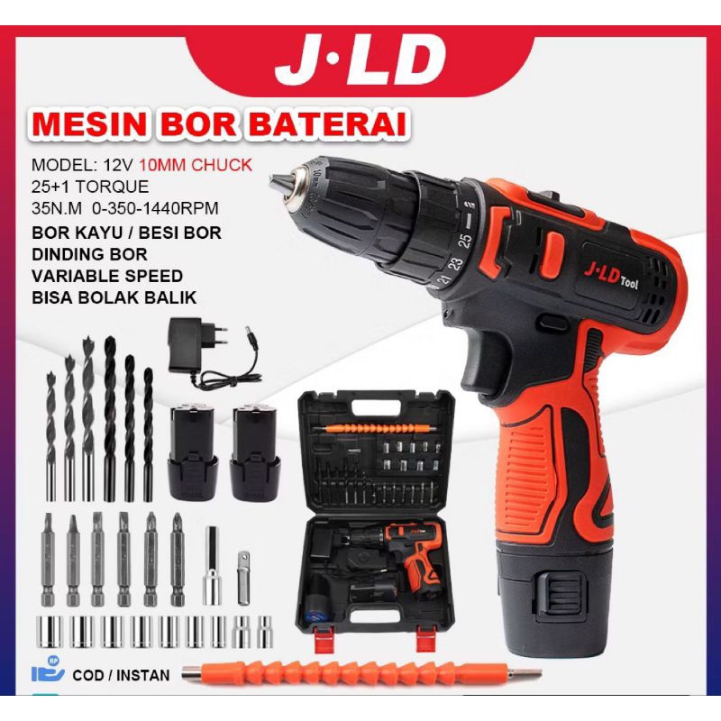 Bor baterai cordless JLD Tool 12volt Merah Full Sett Original Produk.