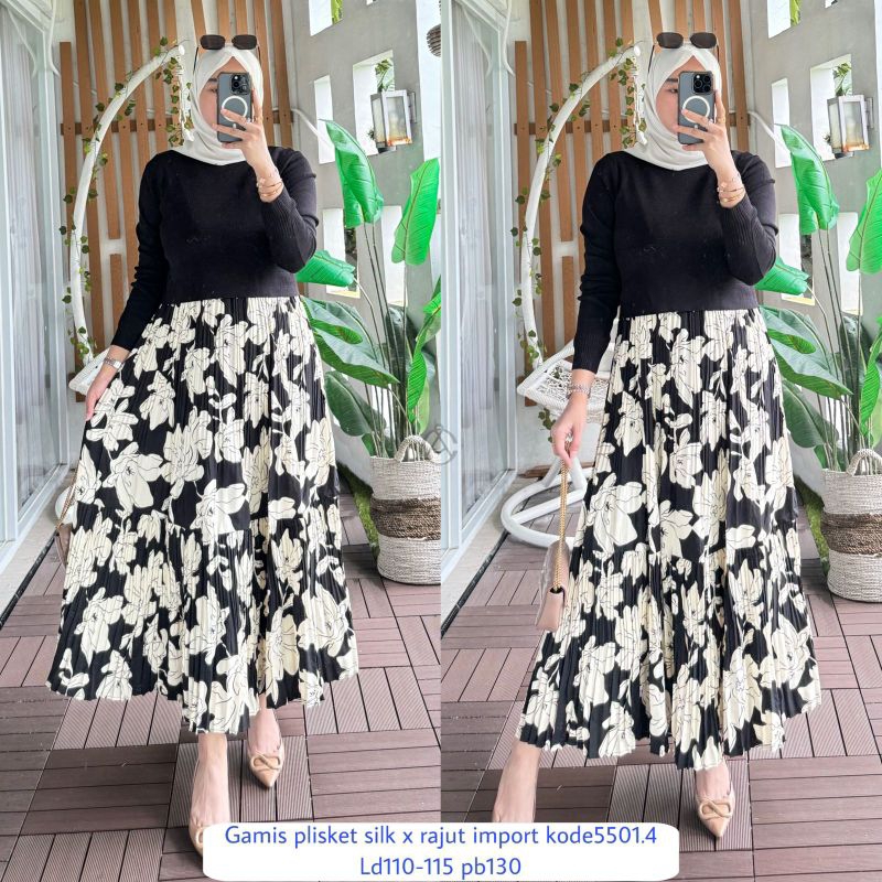 Gamis Kode 5501.4 Bahan Knit X Plisket Motif Bunga Besar Non Busui