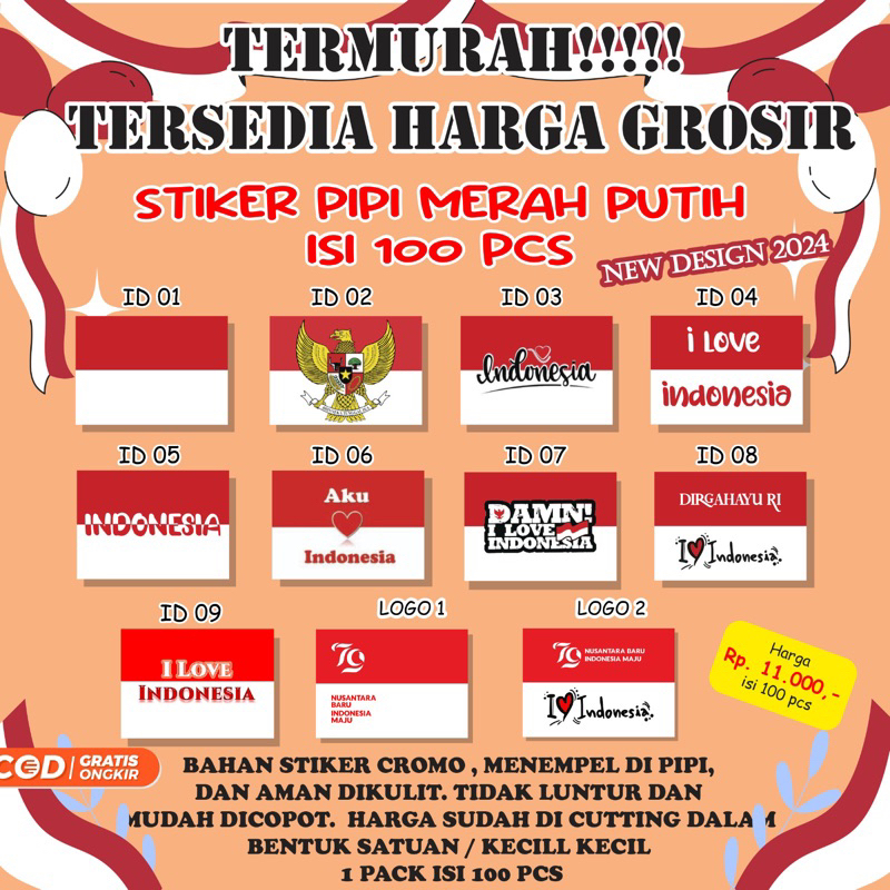 

[100 pcs] Sticker / Stiker Bendera Tempelan Pipi Bendera Merah Putih
