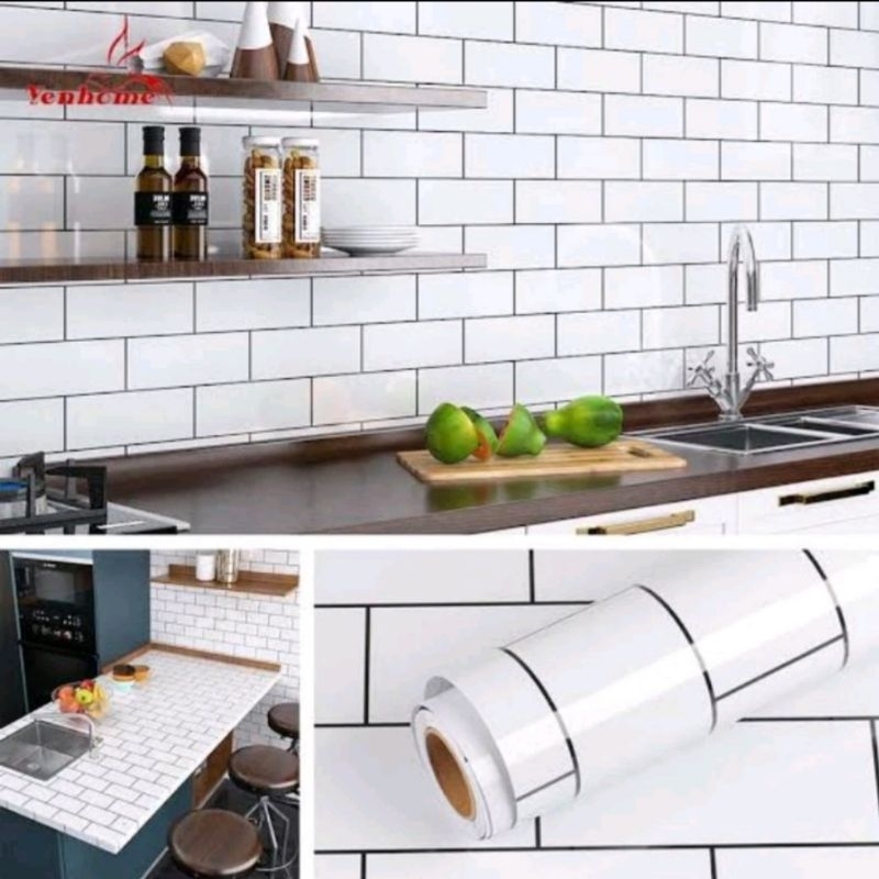 wallpaper dinding stiker kitchen set glossy bata putih list hitam dekorasi dinding dapur