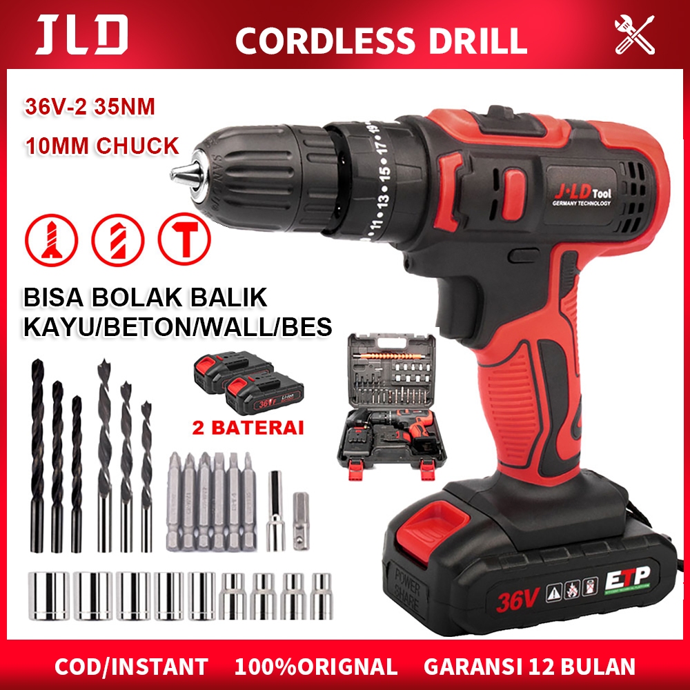 JLD Mesin Bor Baterai 36Vf Cordless bor Mesin Bor cas murah bolak balik/Kasus/Charger - fullset Bor 