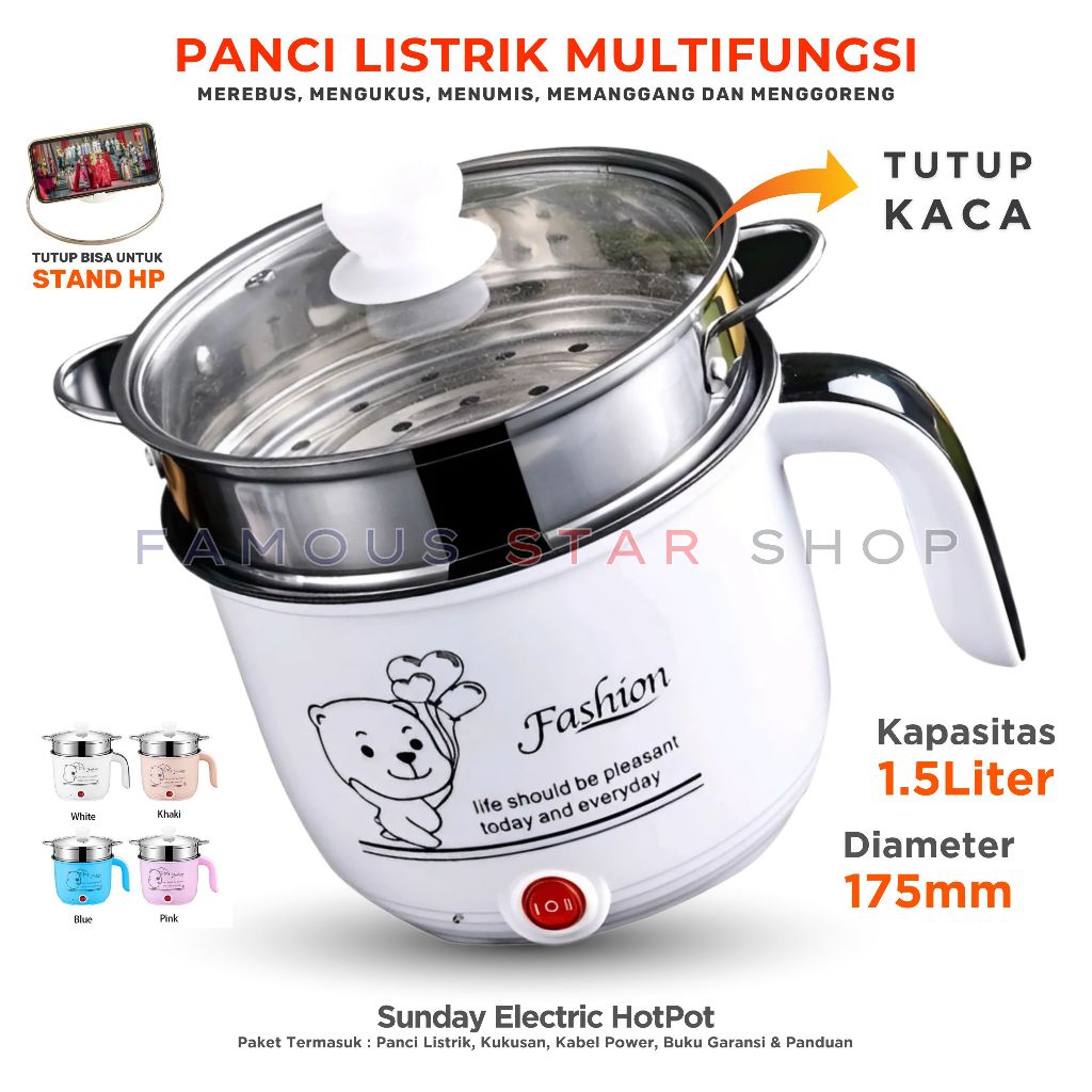 Panci Listrik Lapisan Keramik 1.5 L Elektrik Free Kukusan Stainless / Rice Cooker & Panci Goreng Ser