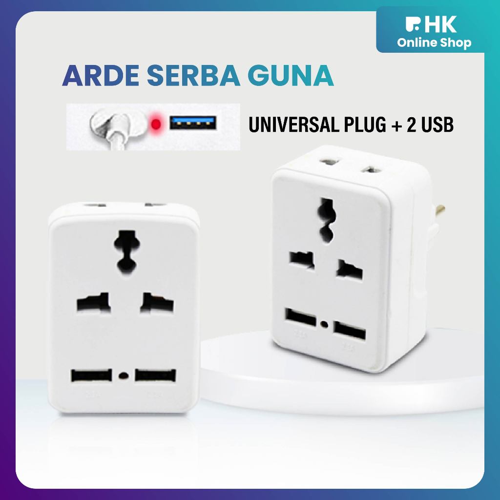 HK-Steker T Serbaguna 2 Lubang + 2 Port USB / Steker Usb
