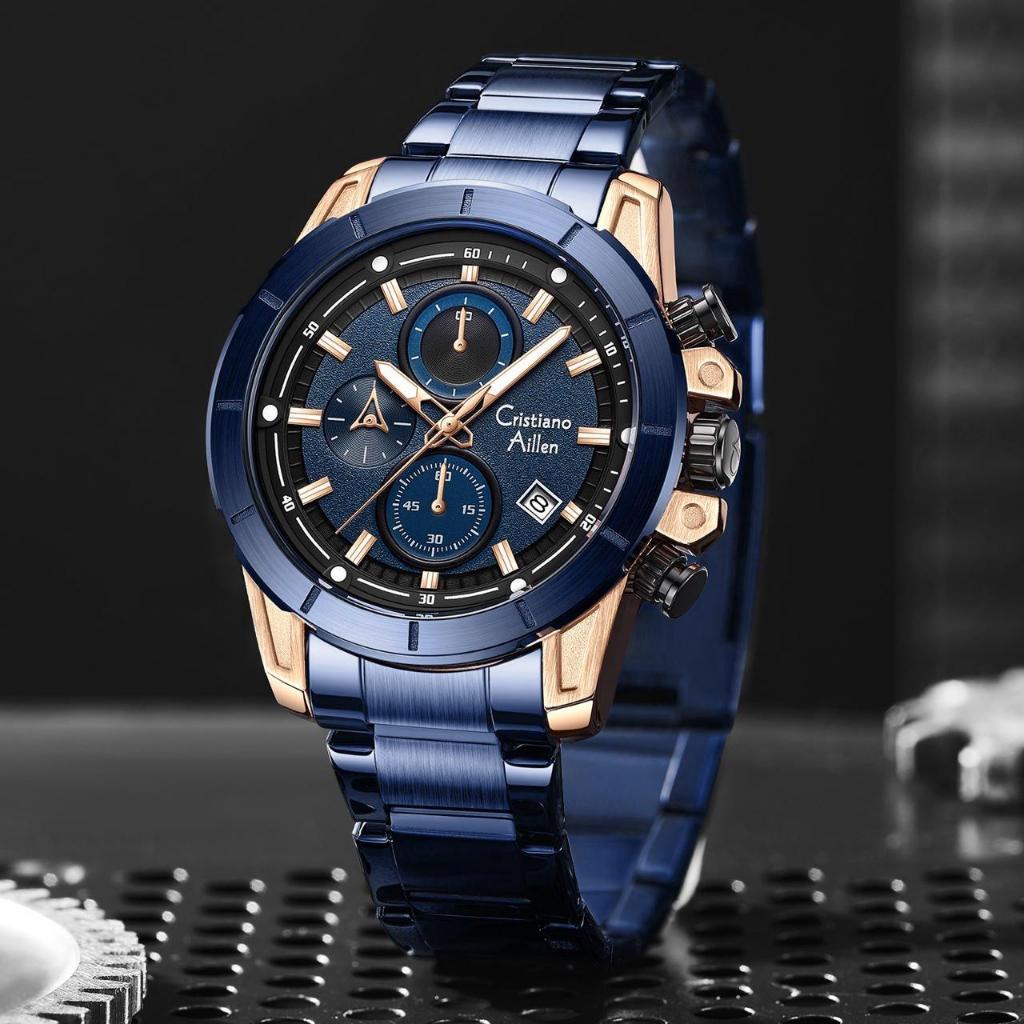 Cristiano Aillen Jam Tangan Pria Analog 8893 Rantai Stainless Steel Chronograph Kaca Sapphire Water 