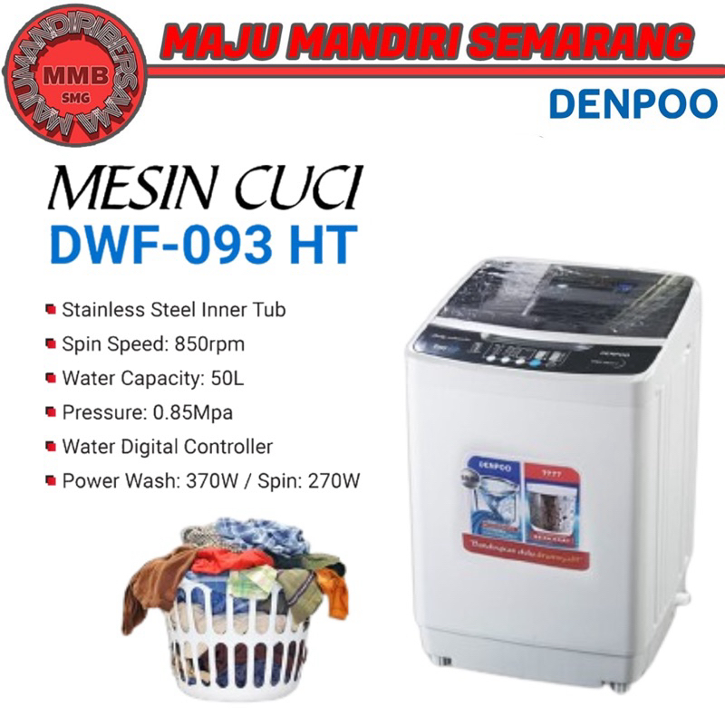 DENPOO MESIN CUCI 1 TABUNG DWF 093HT STAINLESS TUB 9KG