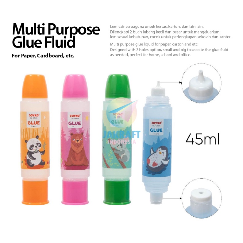 

MURAHMERIAH 1 Pcs Lem Cair 2 Lubang JOYKO GL58 Paper Glue Kertas Kain Busa Prakarya Serbaguna 45 ml Bening Transparan