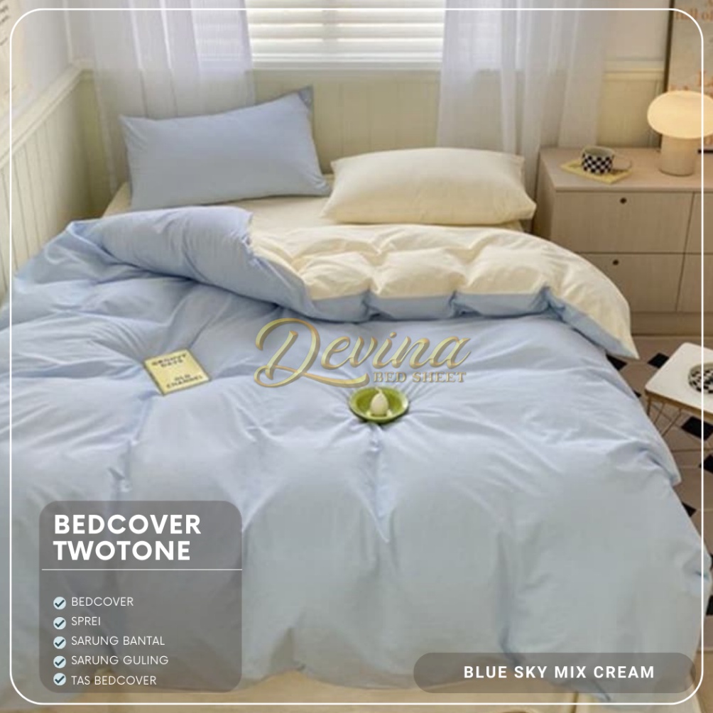KODE P36F Bedcover Set Two Tone Polos Selimut Bolak Balik  Kombinasi Dua Warna  Cream Mix Sky Blue A