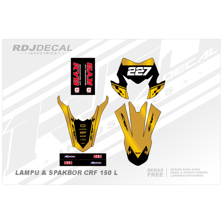 DECAL STICKER BATOK LAMPU CRF L (004) DEKAL STIKER SPAKBOR DEPAN BELAKANG KEPALA HITAM EMAS GOLD