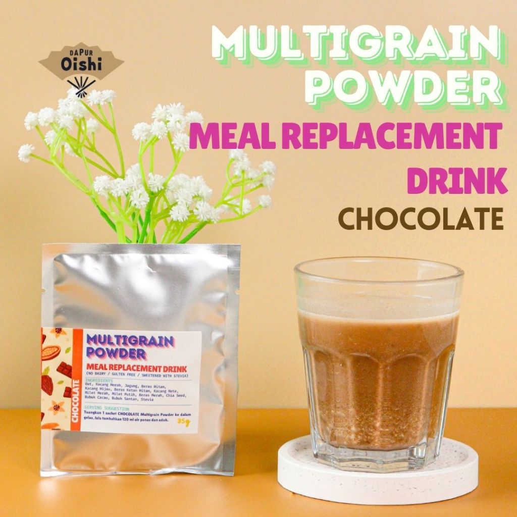 

[ CHOCOLATE ] Multigrain Powder [ Meal Replacement Drink ] 35g Sachet | Dairy Free, Gulten Free | Sweetened with Stevia Oat Chia Seed Protein Fiber Diet Lose Weight Fitness Work Out Cokelat Cocoa Cacao | Dapur Oishi