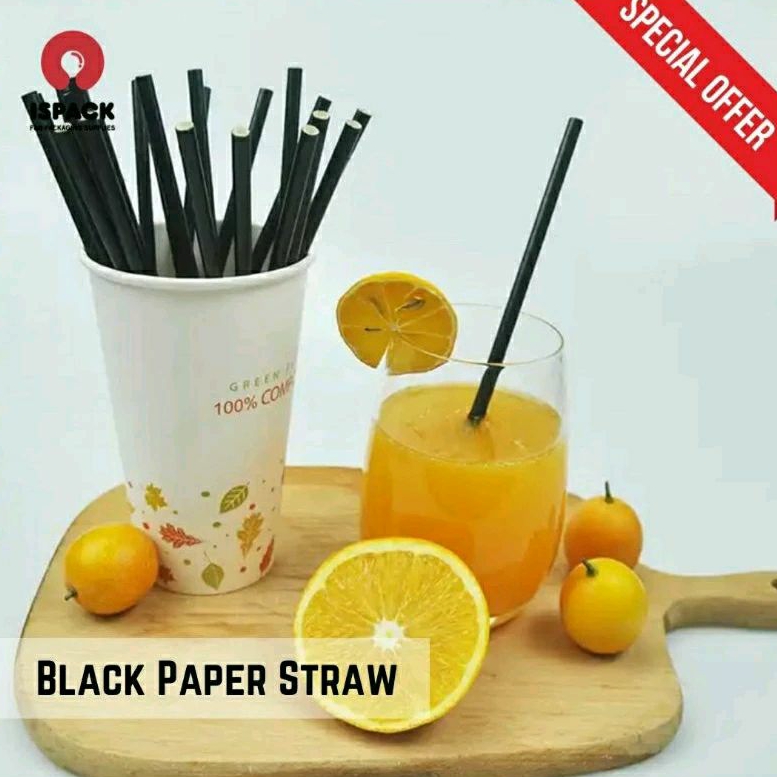 Paper Straw Sedotan Kertas Hitam Polos Foodgrade