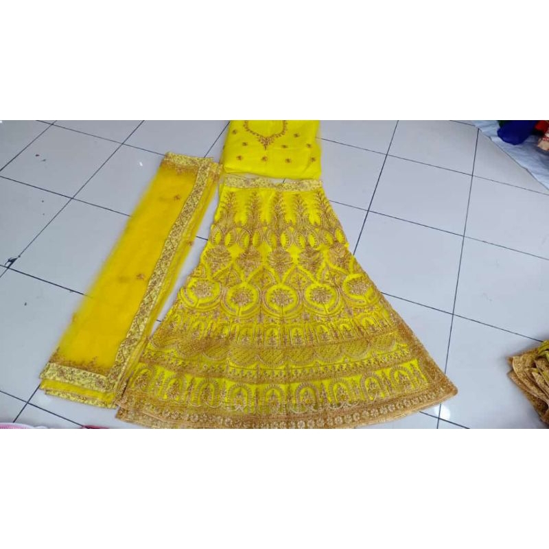 #TjM317 Lehenga Bahan Berpola Jahit Blus choli Rok Selendang baju adat India Lenga MUA bridal Kuning