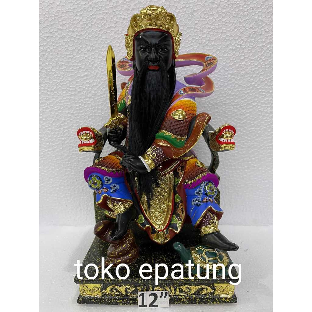 patung dewa hian tian / siong te kong - kayu - 12 inch - kumis lurus - hitam- l24