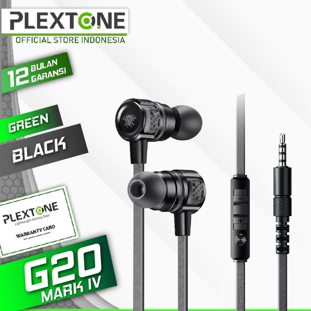 Plextone G20 Mark IV In-Ear Gaming Earphone - Hitam|Green, 10mm Driver