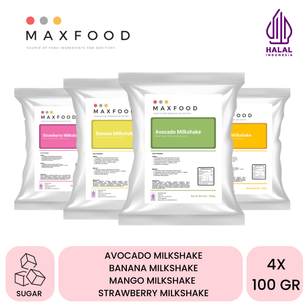 

MAXFOOD - Sample Fruit Milkshake Avocado , Banana , Mango , Strawberry Milkshake 100 GR