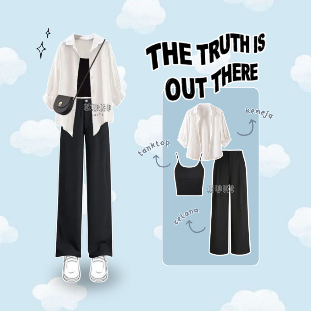 Kuki Outfit - One Set Wanita Korean Style (Kemeja+Tanktop+Celana Kulot) Halter Outfit Murah - KK82