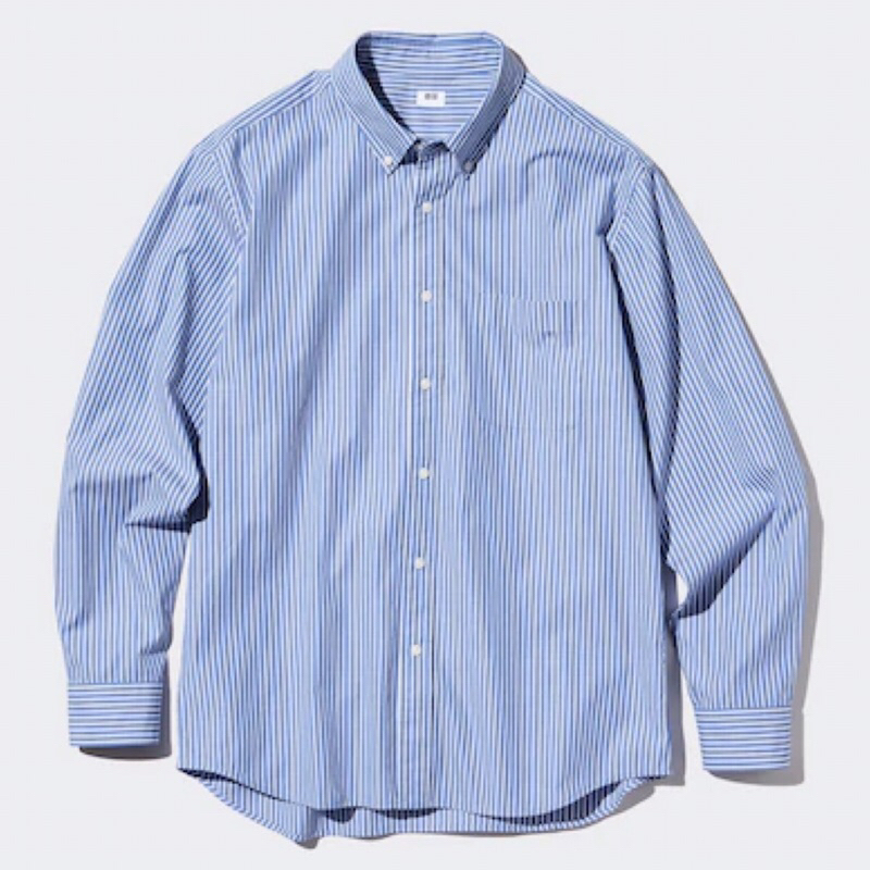 UNIQLO Men Shirt Kemeja Broadcloth Garis Pria Lengan Panjang Blue