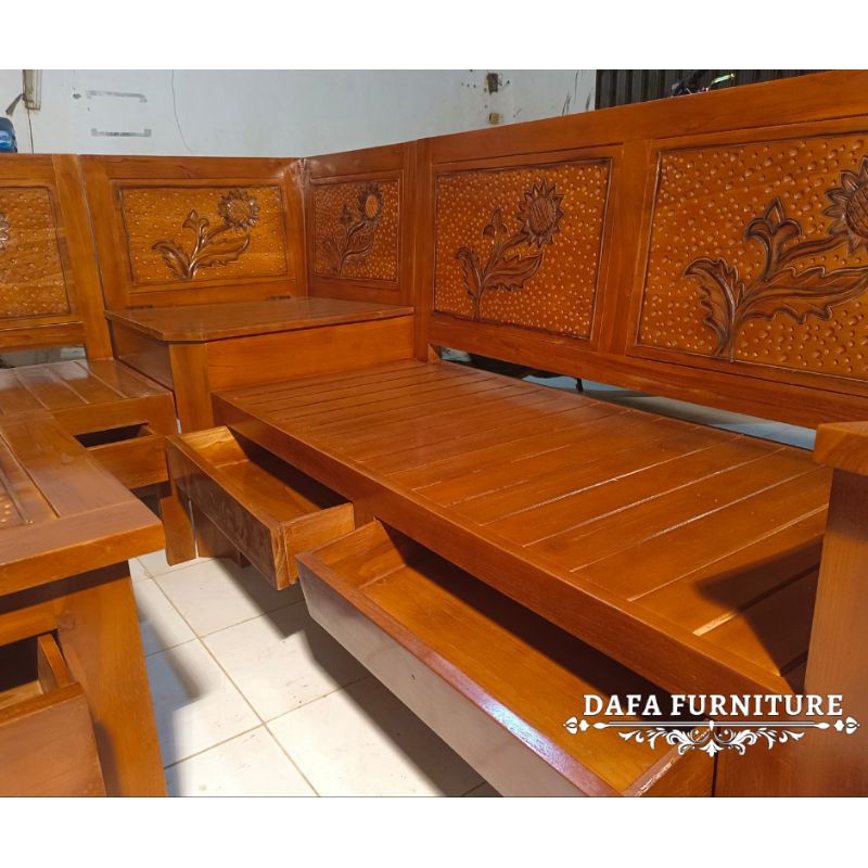 Kursi Sudut Kayu Jati Minimalis Laci