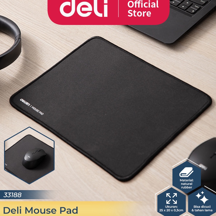 Deli Mouse Pad  Tatakan Mouse Polos 25 x 2 cm Warna Hitam Anti Slip Cocok untuk Kantor 33188