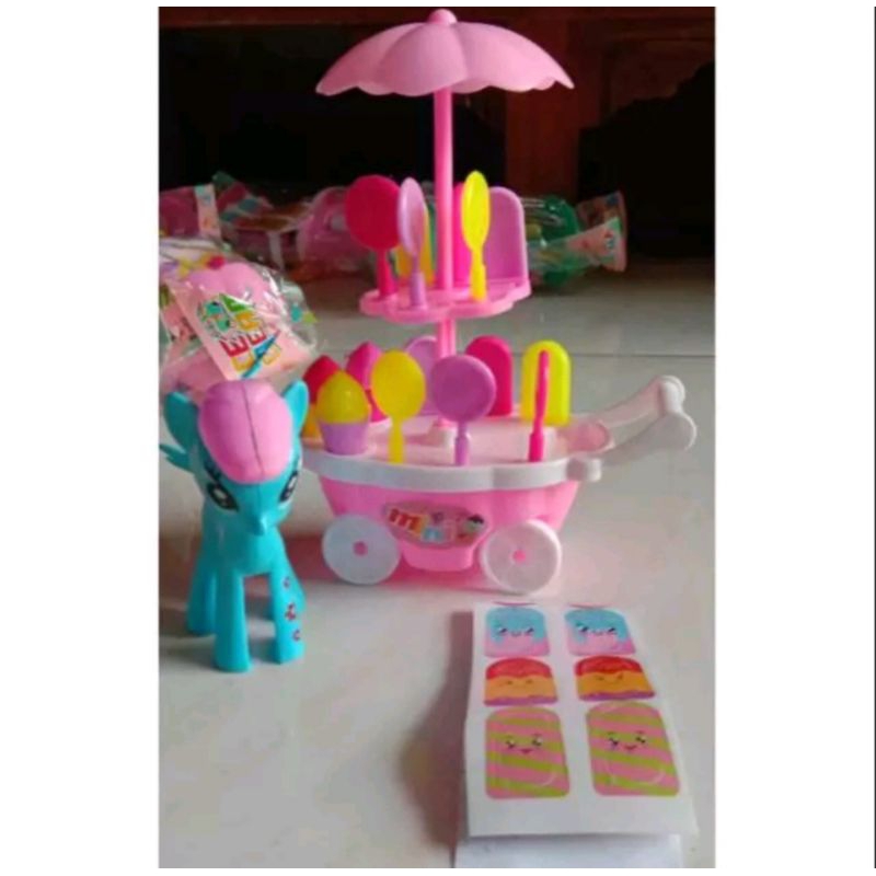 MAINAN ES KRIM GEROBAK MINI ADA KUDA PONY TROLLY MAINAN ES KRIM GEROBAK DORONG ES KRIM
