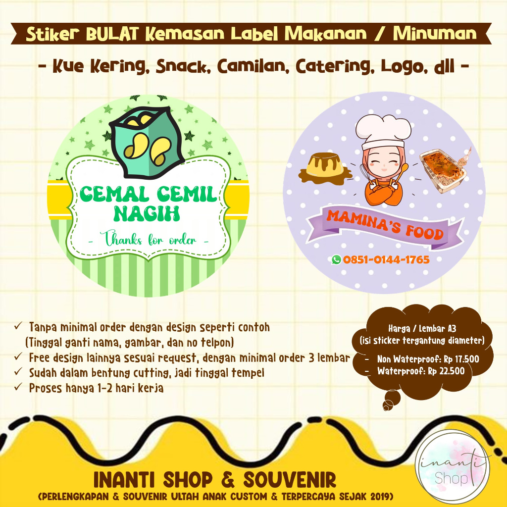 

Sticker Produk Kemasan Merek makanan / minuman / kue / snack