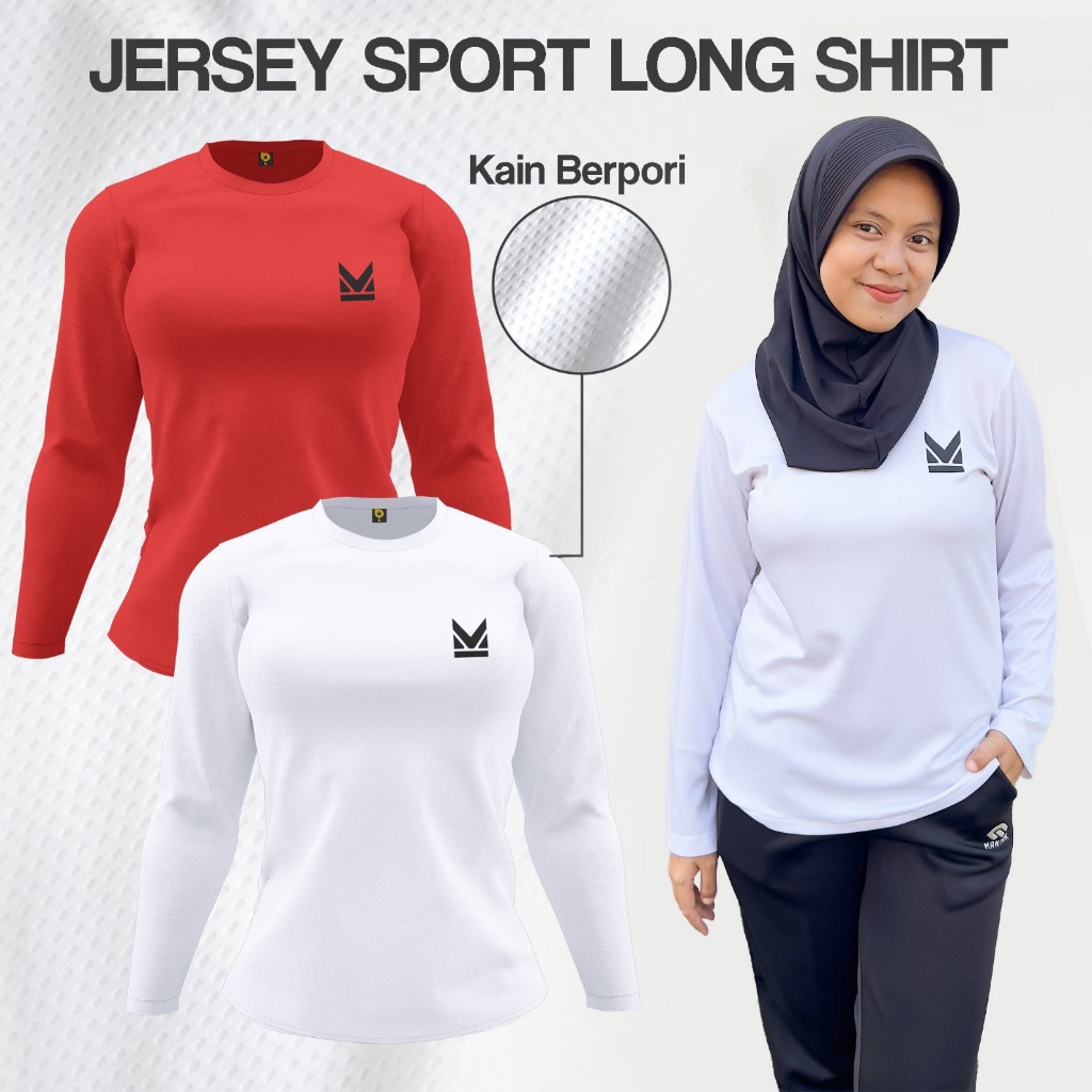 Kaos Olahraga Jersey Lengan Panjang Dewasa Laki Laki Perempuan Merah Putih Logo