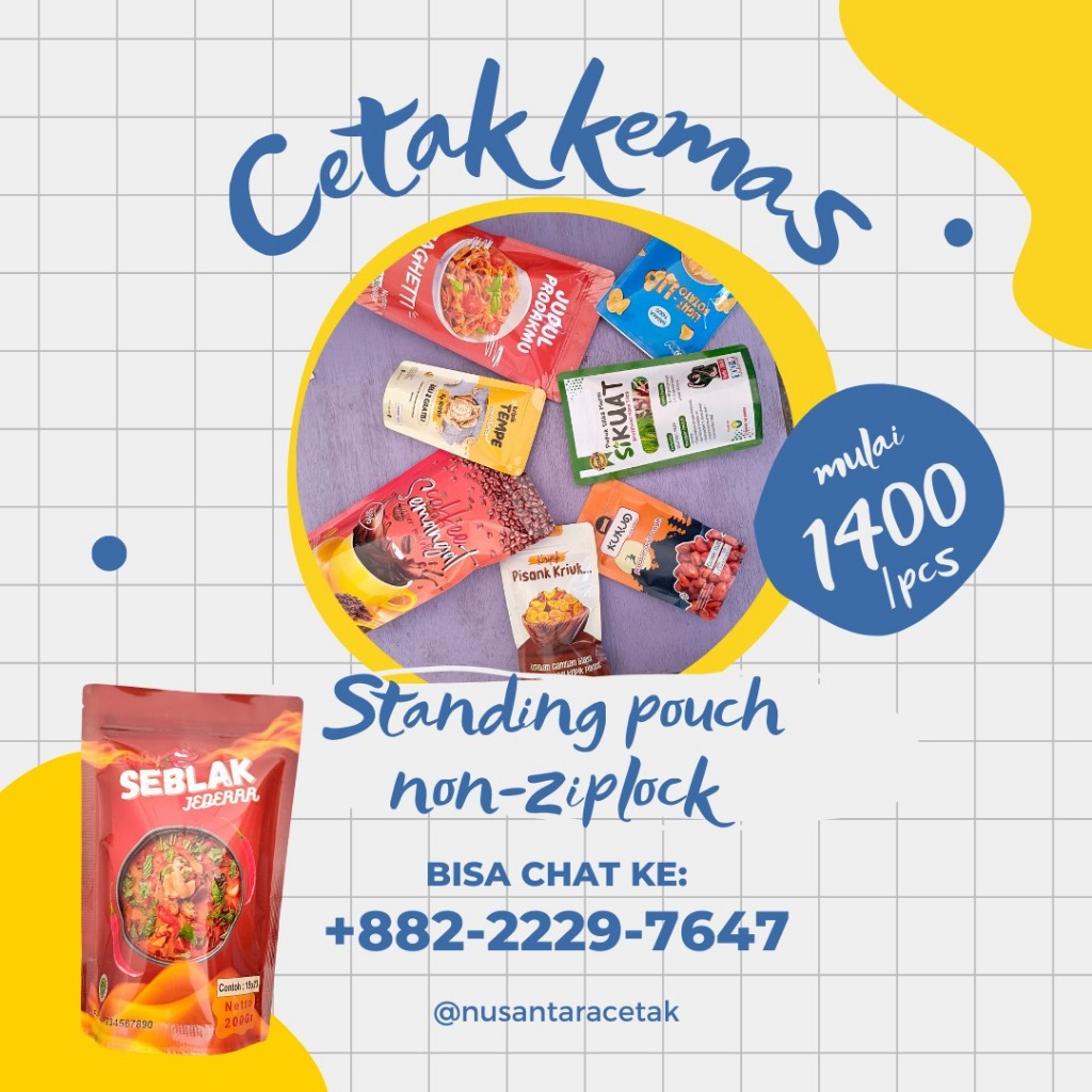 

Cetak Kemasan Standing Pouch Non-Ziplok ukuran 10x15 - 20x30