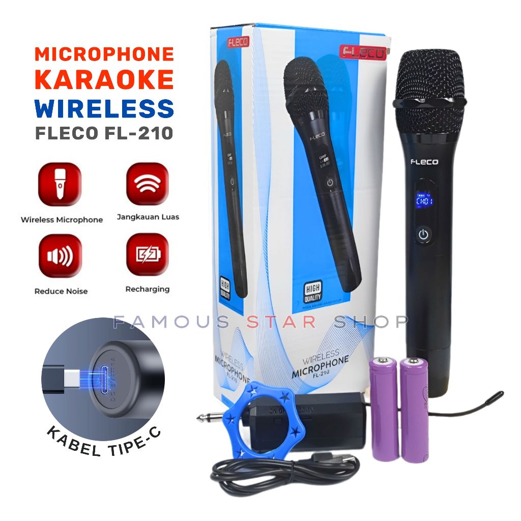 Mic Microphone Karaoke Profesional Wireless MIC FLECO FL-210 UHF Single Mic Cas USB Tipe-C
