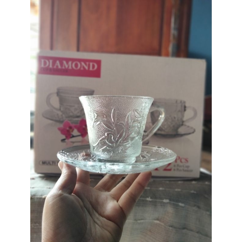 Diamond cup&saucer. Multi set gelas&lepek kaca.TBQ-13972