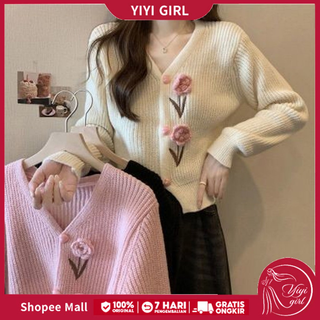 YIYI GIRL Korea Baju Rajut Wanita Lengan Panjang Slim V-Neck Cardigan Rajut