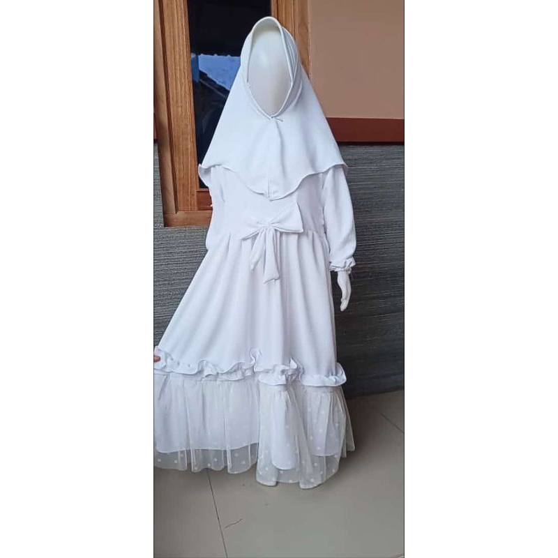 gamis cringkle anak warna putih polos kombinasi tutu usia 3,4,5,6,7,8,9,10tahun | gamis manasik haji