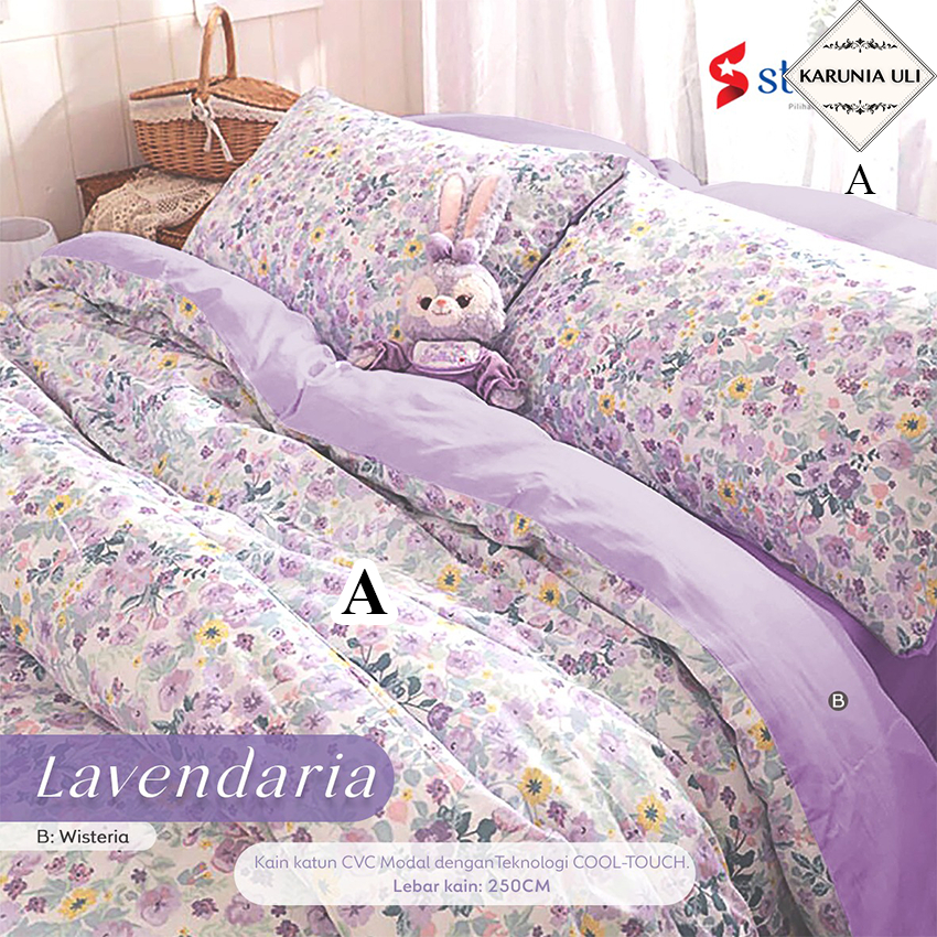 Sprei Katun Lokal STAR DELUXE Halus bunga ungu hijau dasar putih cream LAVENDARIA anak dewasa unisex