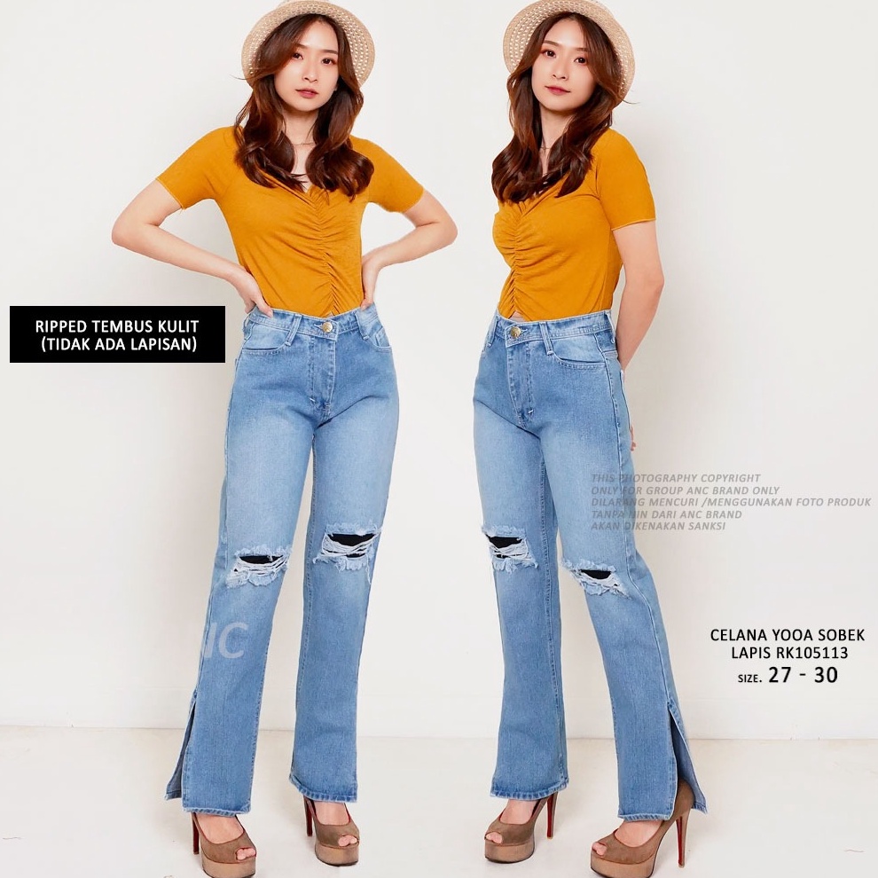 HOT PROMO KOMBINASI TERBARU Celana Sobek Jeans  Celana Cutbray Yooa Sobek Lapis RK15113