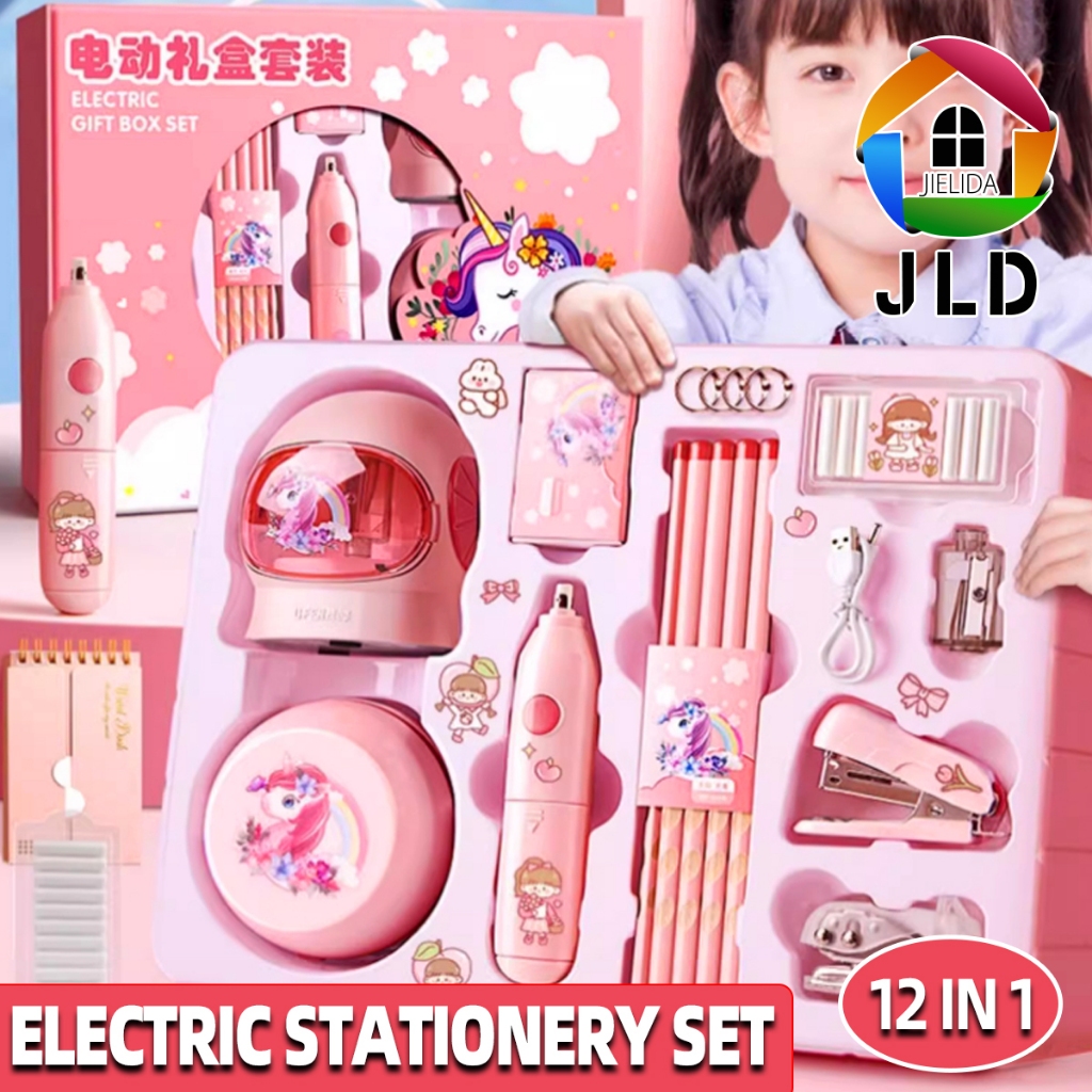 

JieLiDa 12 in 1 Alat Tulis /Elektrik Rautan Penghapus Vacuum Pensil Anak Alat Perkakas Belajar Anak Perempuan Kado Electric Stationery Set